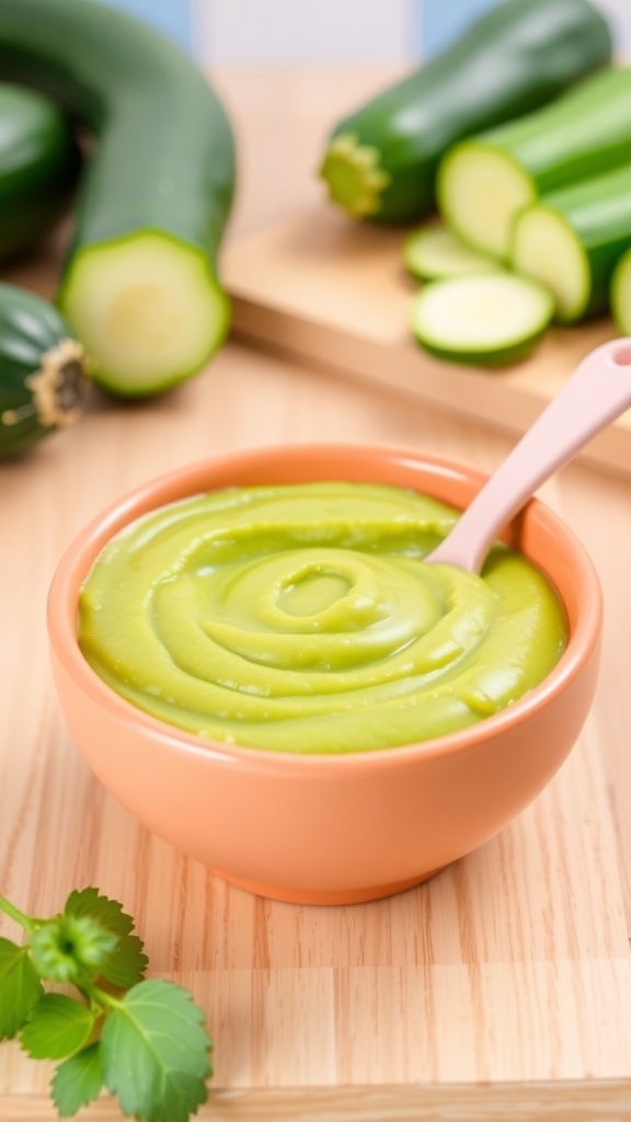 A bowl of green zucchini puree for babies with a spoon, surrounded by fresh zucchinis in a kitchen.